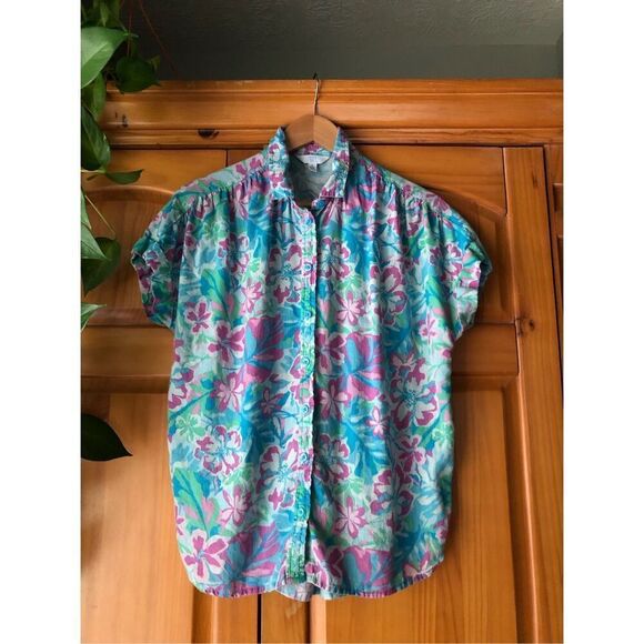 Time & Tru Women's Tropical Linen Blend Rolled Cuff Button Up Shirt SZ S - Picture 2 of 10